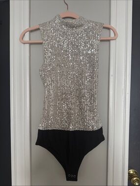 Free People Silver Sequin Mock Neck Sleeveless Bodysuit with Black Bottom